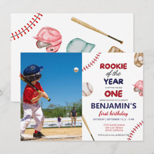 Rookie baseball red blue 1st birthday Photo Invitation