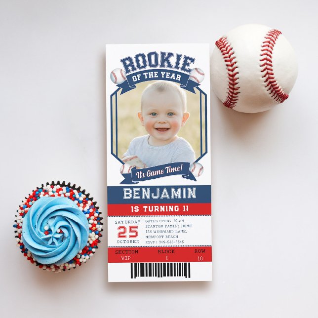 Rookie Baseball Ticket Red Blue Boy 1st Birthday Invitation (boy 1st birthday invitation baseball ticket rookie of the year photo template blue red white game)