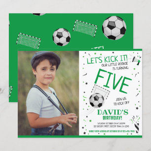 Rookie Let's Kick It Green Soccer Photo Birthday Invitation
