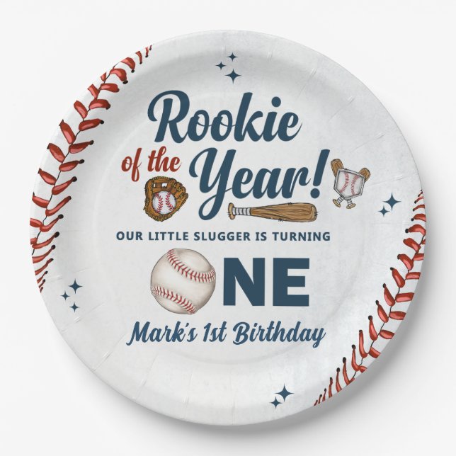 Rookie of the Year 1st Birthday Baseball Party Paper Plate (Front)