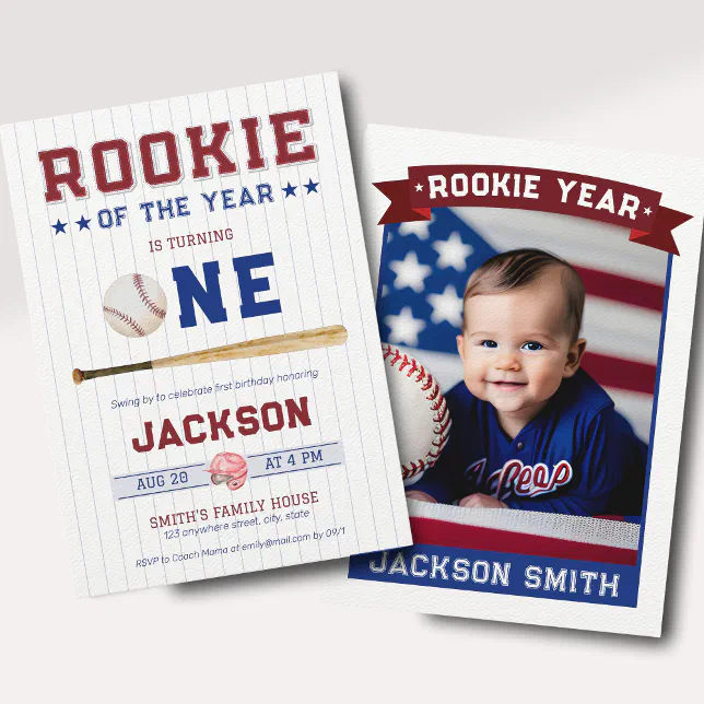 Rookie of the Year 1st Birthday Baseball Photo Invitation | Zazzle