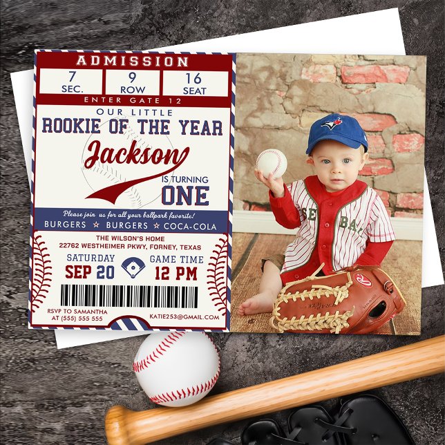 Rookie of the Year 1st Birthday Baseball Photo Invitation (Creator Uploaded)