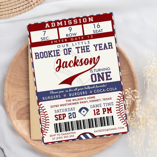 Rookie of the Year 1st Birthday Baseball Ticket Invitation | Zazzle