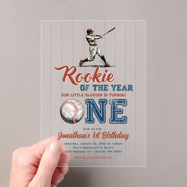 Rookie of the Year Baseball 1st Birthday Acrylic Invitations (Insitu (Handheld))