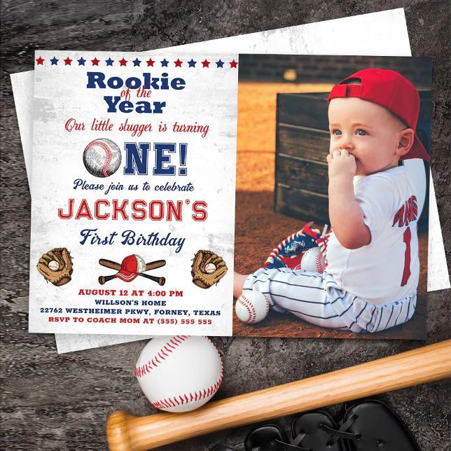 Rookie of the Year Baseball 1st Birthday Batter Up Invitation | Zazzle