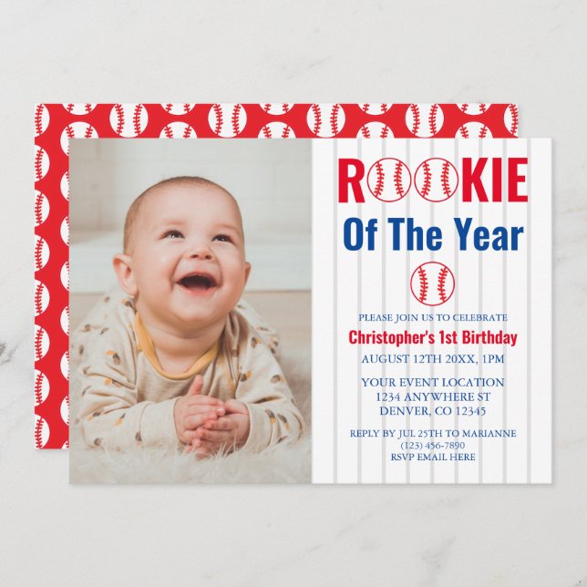Rookie Of The Year Baseball 1st Birthday Invitation (Front/Back)