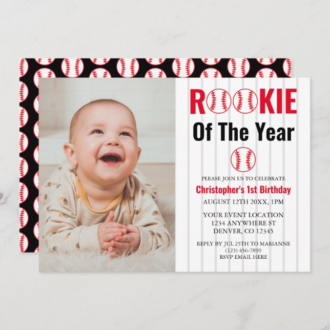 Rookie Of The Year Baseball 1st Birthday Invitation (Front/Back)
