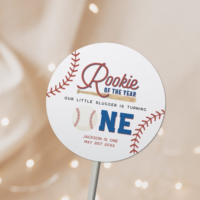 Rookie of the Year Baseball 1st Birthday Party Classic Round Sticker (Creator Uploaded)
