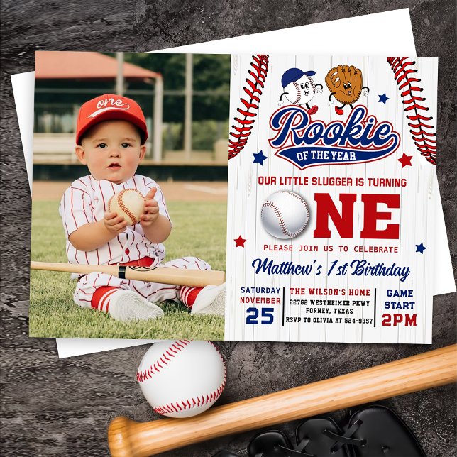 Rookie of the Year Baseball 1st Birthday Photo Invitation (Creator Uploaded)