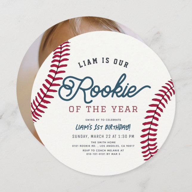 Rookie of the Year Baseball 1st Birthday Photo Invitation (Front/Back)