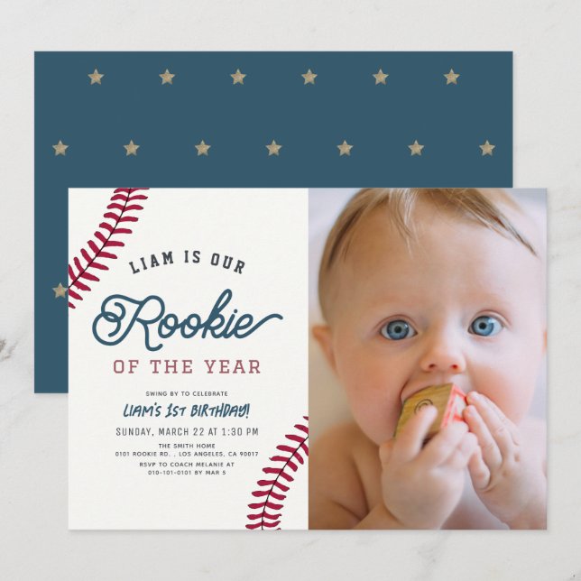 Rookie of the Year Baseball 1st Birthday Photo Invitation (Front/Back)
