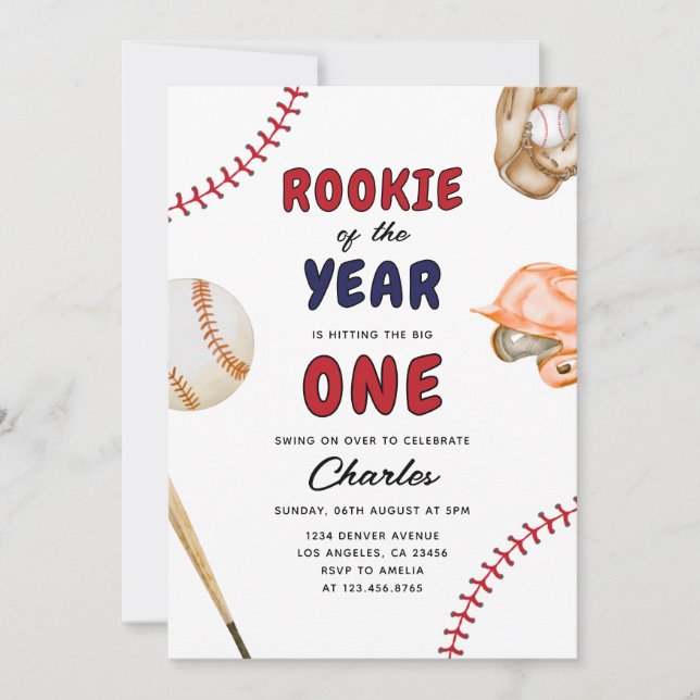 Rookie of the year baseball 1st Sports birthday Invitation (Front)