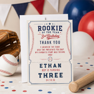 Rookie of the Year Baseball 3rd Birthday Party Thank You Card