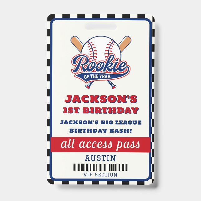 Rookie Of The Year Baseball Birthday Party ID Badge (Front)