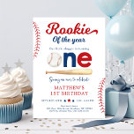 Rookie of the Year Baseball First Birthday Invitation<br><div class="desc">This cute design features a baseball and bat illustration and baseball stitching details.</div>