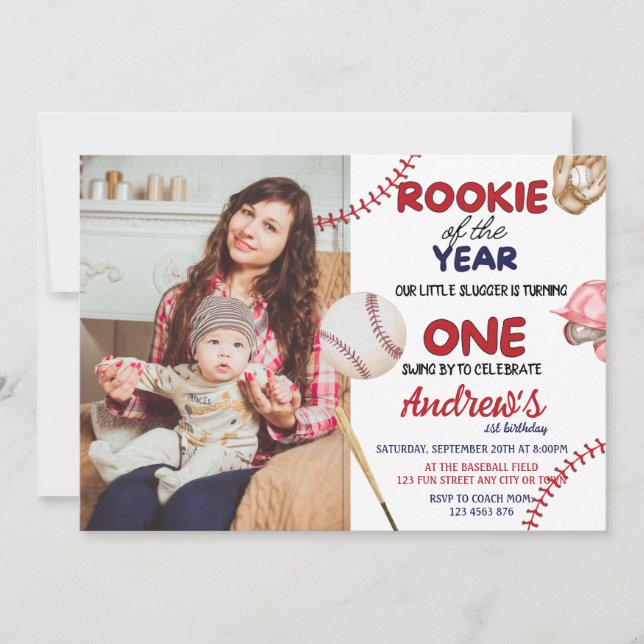 Rookie Of The Year Baseball Themed 1st Birthday Invitation (Front)