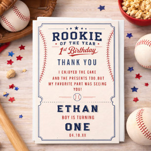 Rookie of the Year Baseball Ticket 1st Birthday Thank You Card