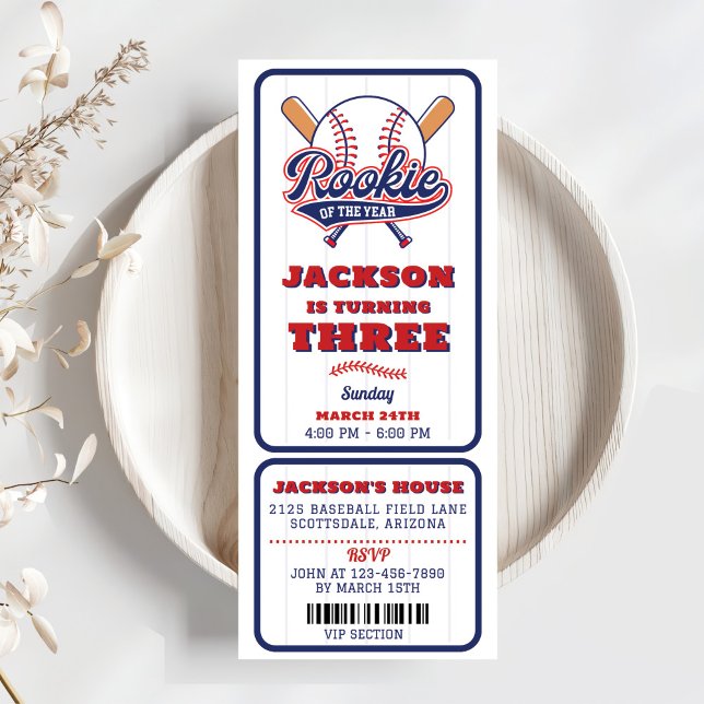 Rookie Of The Year Baseball Ticket 3rd Birthday Invitation (Creator Uploaded)