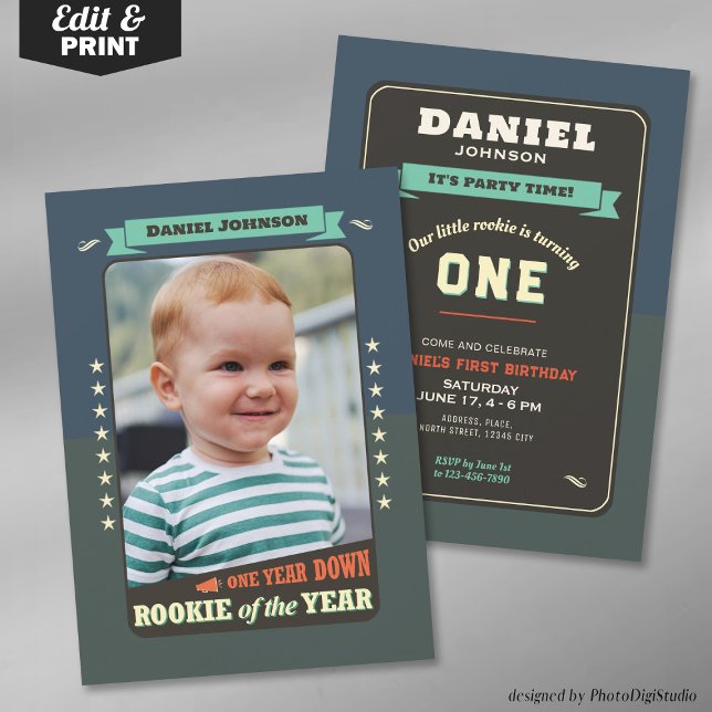 Rookie of the Year First Birthday Party Invitation (Editable Rookie of the Year 1st Birthday Party Invitation trading Card)