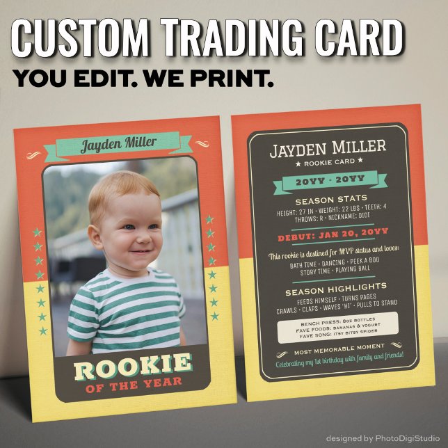 Rookie Year Baseball 1st Birthday Trading Card (Custom Rookie Trading Card, First Birthday Retro Rookie Card)