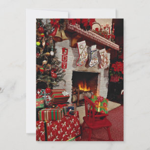 Room with stone fireplace, Christmas setting Holiday Card