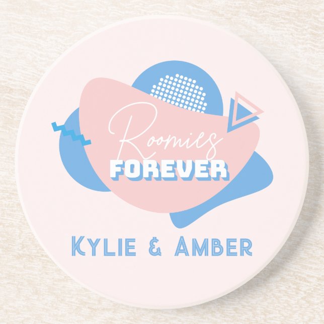 Roommate Gift Custom Name "Roomies Forever" Retro Coaster (Front)