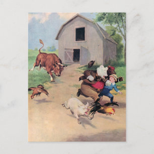 Roosevelt Bears Run from A Bull Down on the Farm Postcard