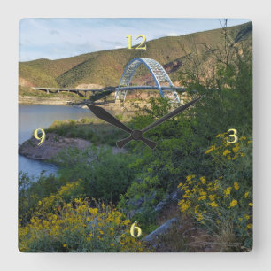 Roosevelt Lake Bridge Arizona Yellow Wildflowers Square Wall Clock