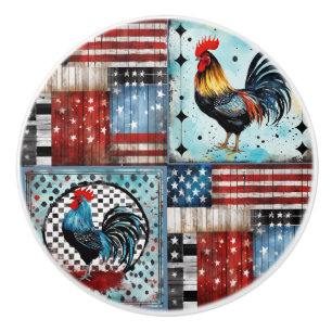 Rooster American Folk art Flag Quilt  Ceramic Knob