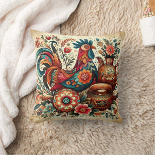 Rooster among bright flowers cushion