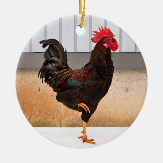Rooster and Chick round ceramic Christmas ornament (Front)
