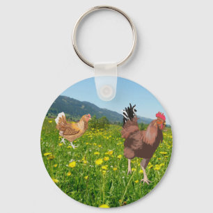 Rooster and Chicken 3  Key Ring