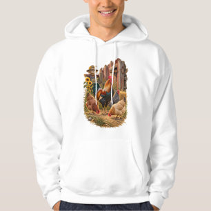 Rooster and Chickens Rustic Farm Barn Scene Hoodie