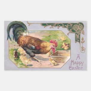 Rooster and Chicks Art Nouveau Easter Rectangular Sticker