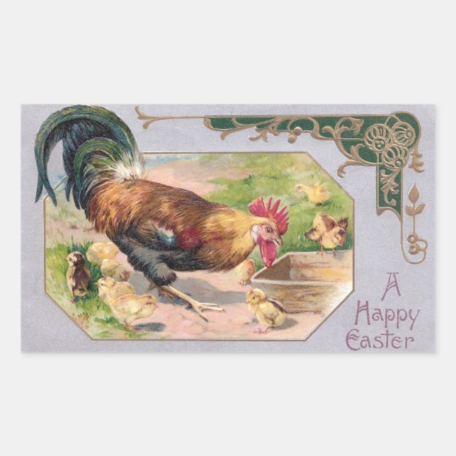 Rooster and Chicks Art Nouveau Easter Rectangular Sticker (Front)