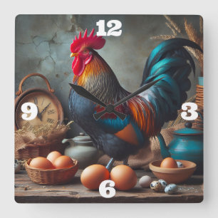 Rooster and Eggs  Square Wall Clock