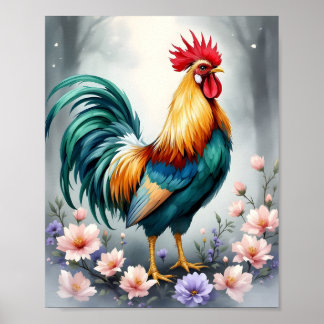 Rooster and flowers Digital Poster
