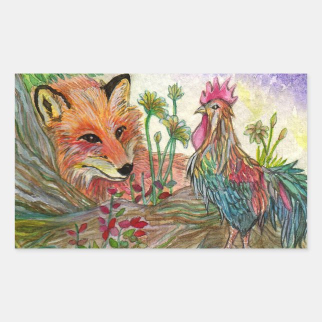 Rooster And Fox Rectangular Sticker (Front)