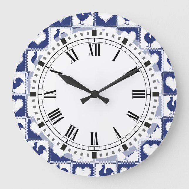 Rooster and Hearts Blue and White Farm Country Large Clock (Front)