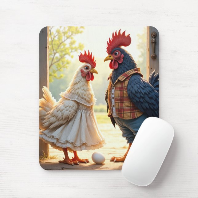 Rooster and Hen Humour Mouse Pad (With Mouse)
