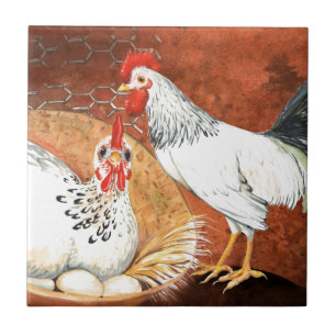 Rooster and Hen with eggs on the Nest Handpainted Ceramic Tile