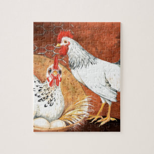 Rooster and Hen with eggs on the Nest Handpainted Jigsaw Puzzle