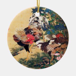 Rooster and Hen with Hydrangeas by Ito Jakuchu Ceramic Ornament