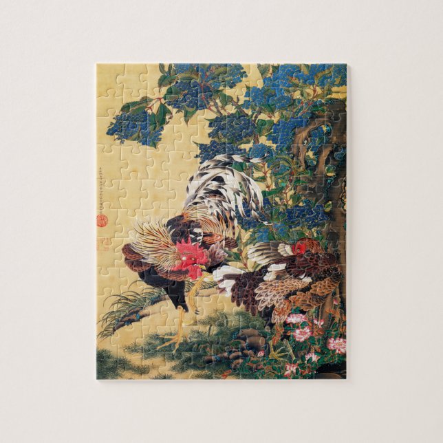 Rooster and Hen with Hydrangeas by Ito Jakuchu Jigsaw Puzzle (Vertical)
