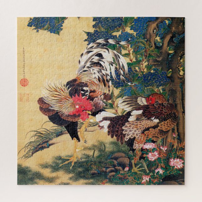 Rooster and Hen with Hydrangeas by Ito Jakuchu Jigsaw Puzzle (Vertical)