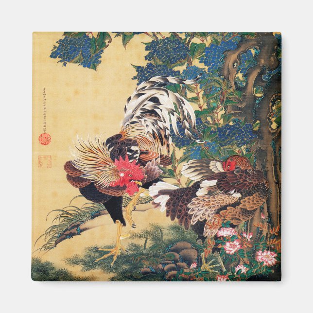 Rooster and Hen with Hydrangeas by Ito Jakuchu Magnet (Front)