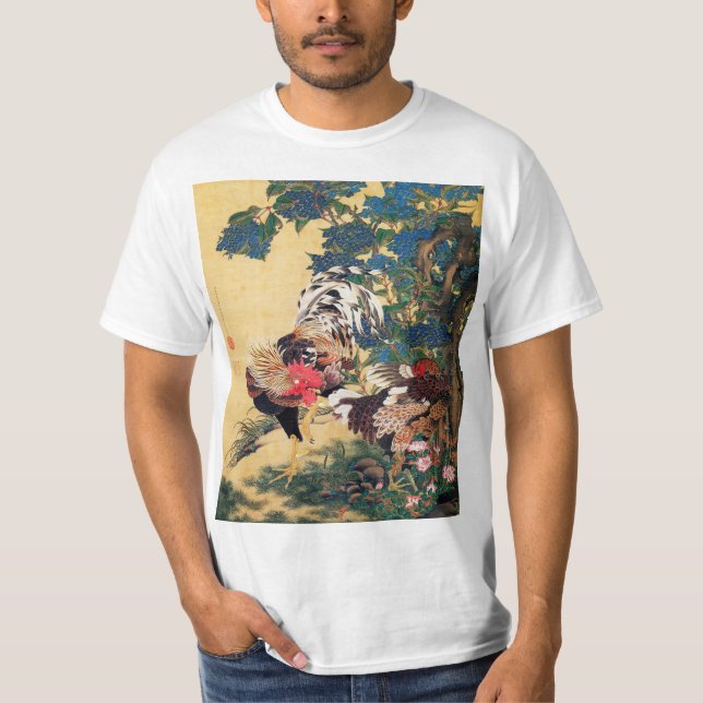 Rooster and Hen with Hydrangeas by Ito Jakuchu T-Shirt (Front)