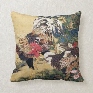 Rooster and Hen with Hydrangeas Cushion