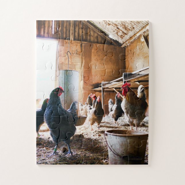 Rooster and Hens inside of Barn Jigsaw Puzzle (Vertical)