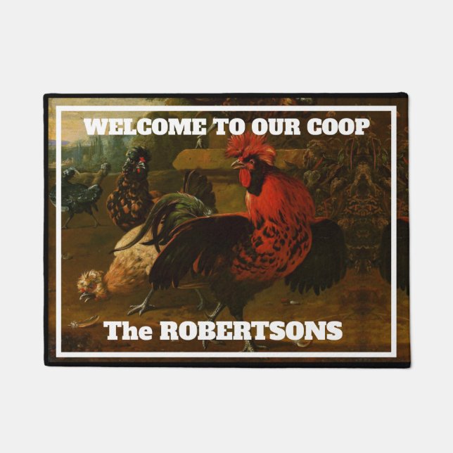 Rooster and Hens "Welcome to our coop" Doormat (Front)